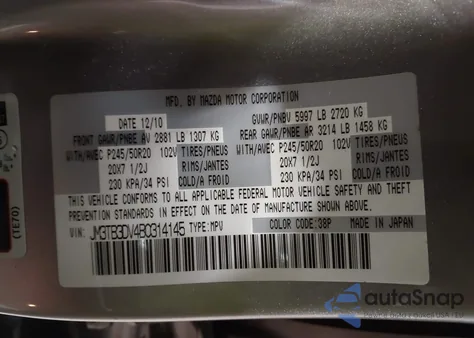 2011 Mazda Cx-9 Grand Touring z USA, uszkodzony, nr VIN JM3TB3DV4B0314145